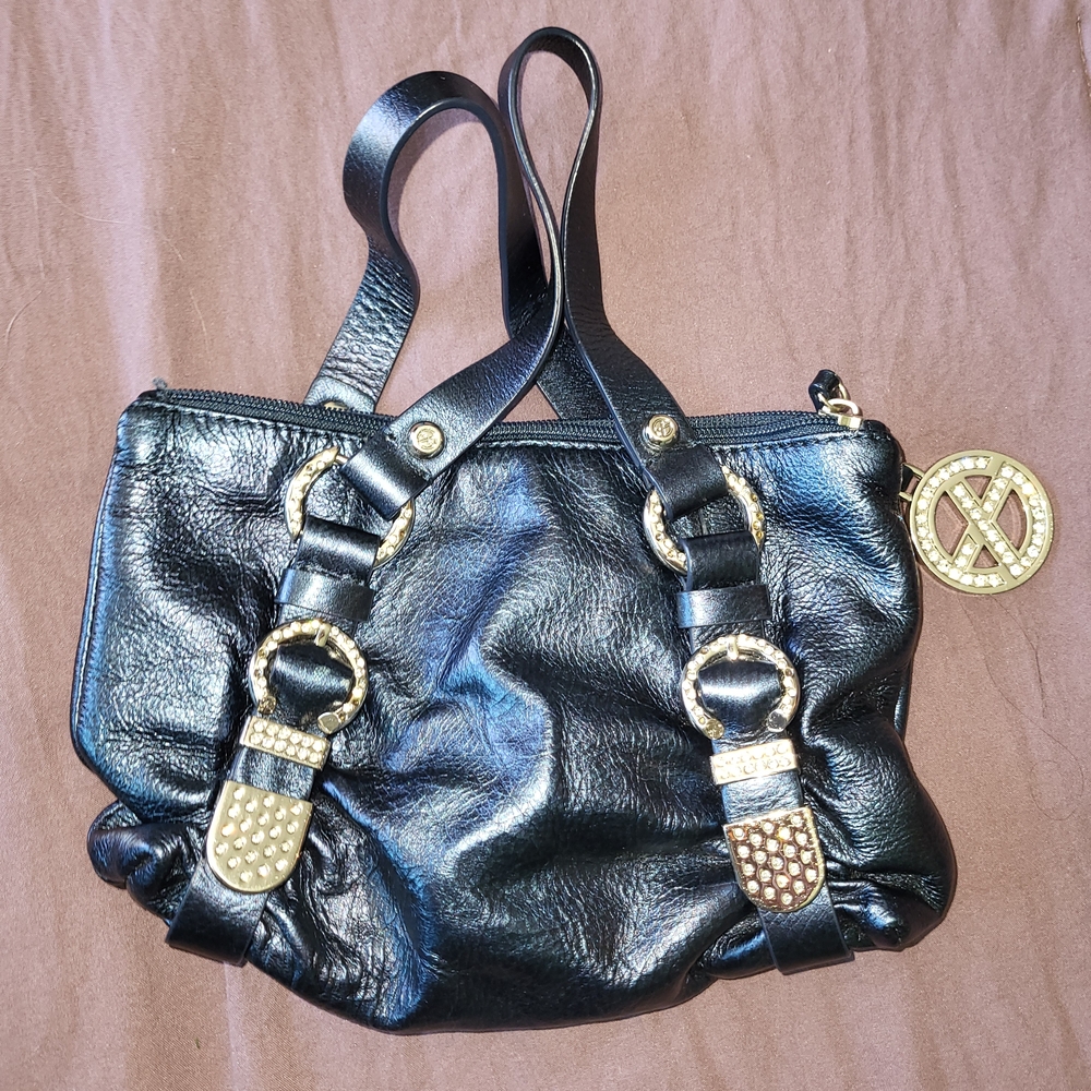 Chic Black Leather Baby Bag with Gold Accents